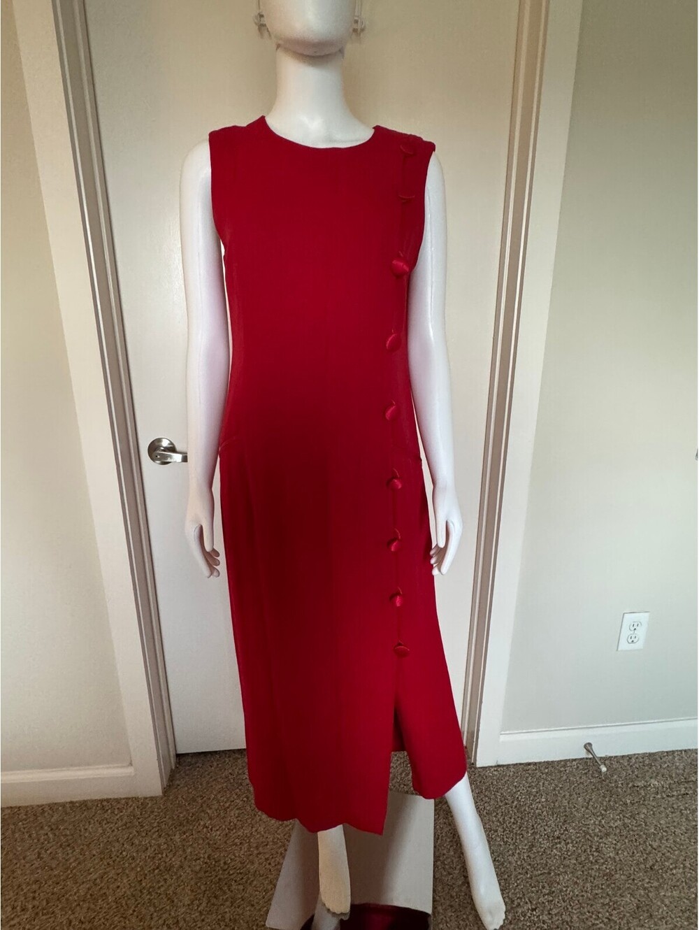 Vintage Jessica Howard Maxi Shift Column Style Red Dress Slit Buttons Size L 12